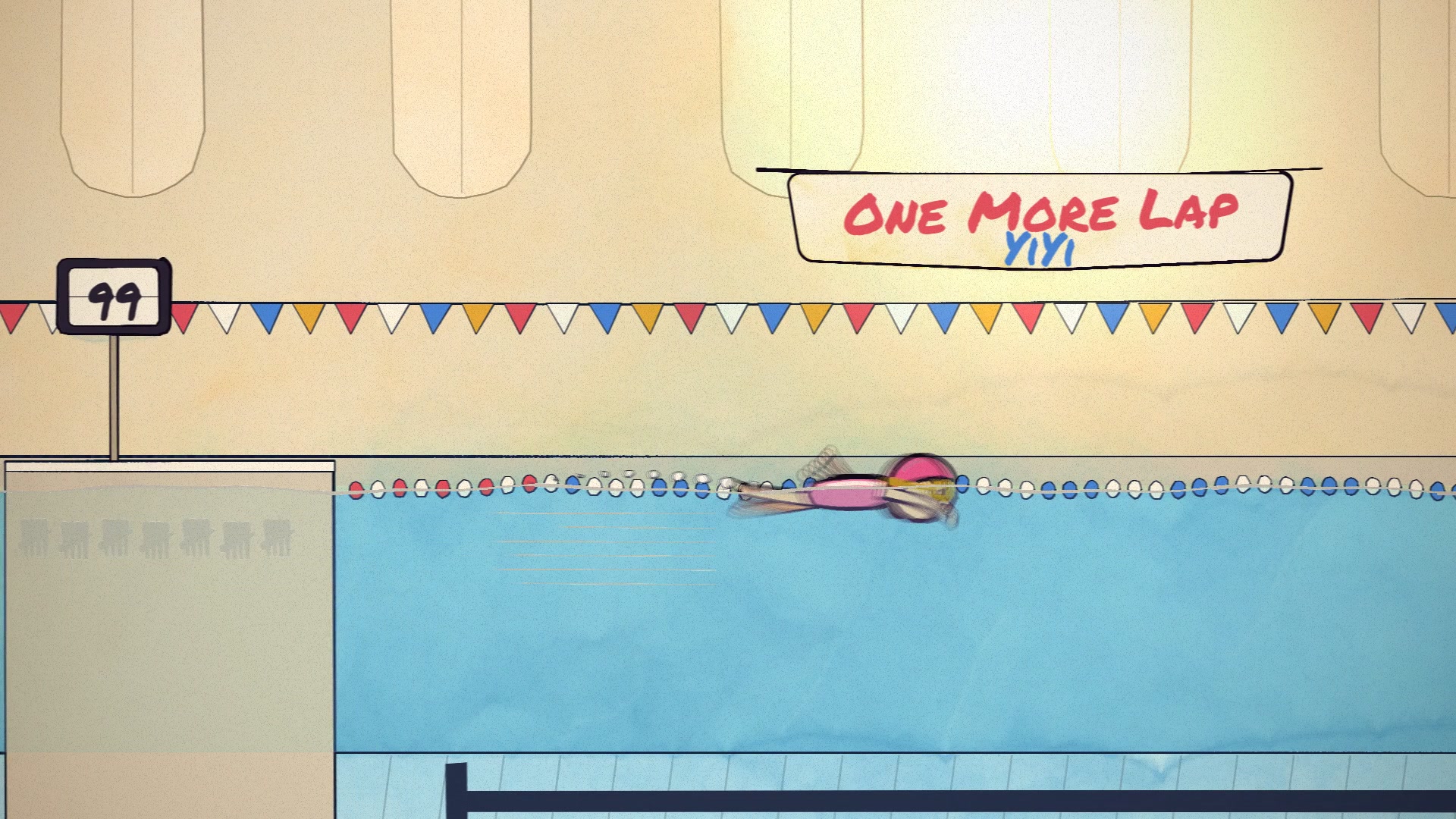 A hand-drawn swimmer in a pool beneath the One More Lap · Yiyi title.
